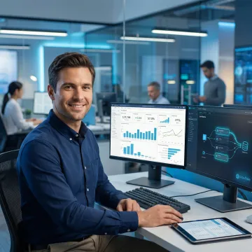 Data engineer configuring Tableau dashboards connected to a Snowflake cloud data warehouse on a large monitor