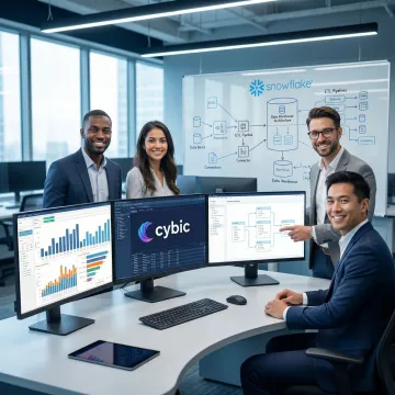 Team of data engineers collaborating on Tableau and Snowflake integration architecture on whiteboards and screens