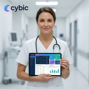 Healthcare application interface showing patient data dashboard on a tablet used by a clinician