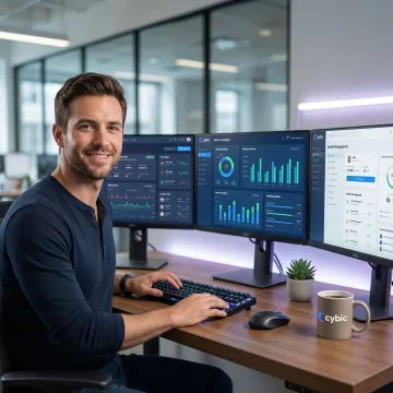 Healthcare software developer working on a custom clinical application on a dual-monitor workstation
