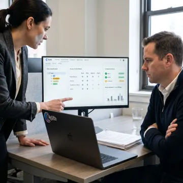 Data governance consultants reviewing enterprise dashboards