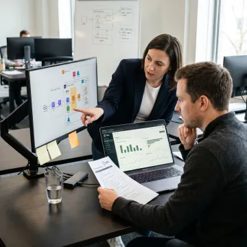 Financial software development team reviewing secure application dashboards