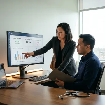 Healthcare team reviewing digital transformation dashboards