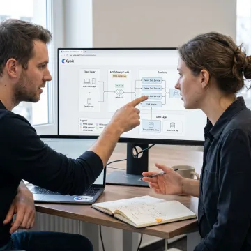 Healthcare software development process with engineers planning secure system architecture