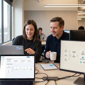 Healthcare software development team reviewing digital patient workflow dashboards