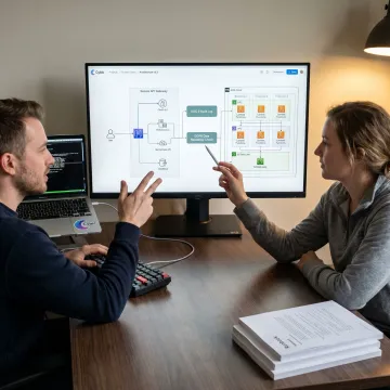 Engineers planning a secure fintech software workflow