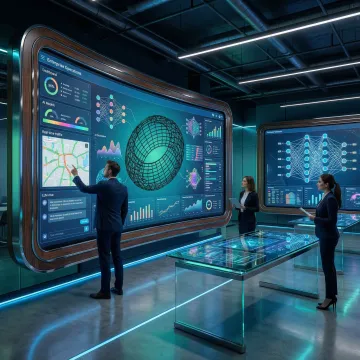 Enterprise team working with generative AI dashboard and data visualization screens