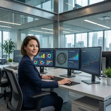 Data analyst reviewing predictive analytics insights on a multi-screen enterprise dashboard
