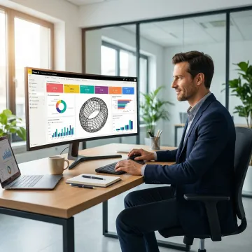 Power BI developer building an interactive enterprise dashboard on a large monitor