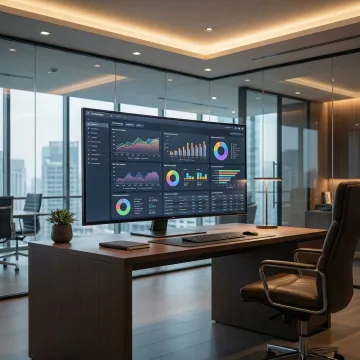 Executive business intelligence dashboard displayed on a large monitor in a corporate boardroom