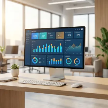 Custom enterprise web application dashboard displayed on a large monitor in a modern office