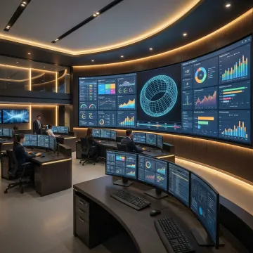 Enterprise BI dashboard displaying real-time KPIs and analytics visualizations on multiple screens