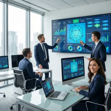 Finance professionals reviewing automated workflow dashboards on enterprise systems