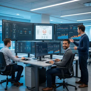 Data engineers working on Databricks pipelines and lakehouse architecture dashboards