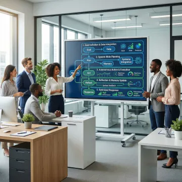 AI engineering team reviewing multi-agent optimization workflow on a collaborative digital whiteboard