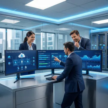Data engineers collaborating on a cloud data warehouse modernization project using Azure dashboards