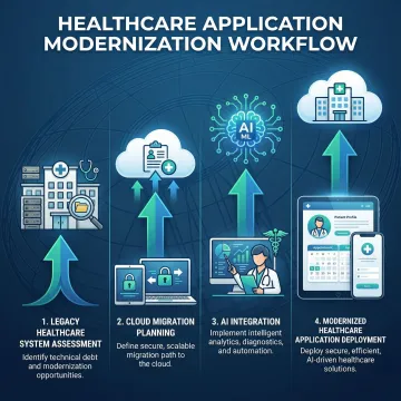 Healthcare modernization process steps illustrated with cloud and AI integration workflow