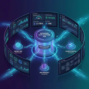 Unified enterprise data platform architecture diagram showing cloud data warehouses, pipelines, and governance layers