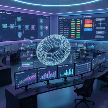 Enterprise intelligent automation dashboard showing RPA bots processing documents and routing tasks