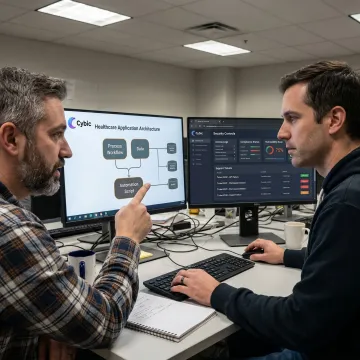 Engineers reviewing healthcare application workflow
