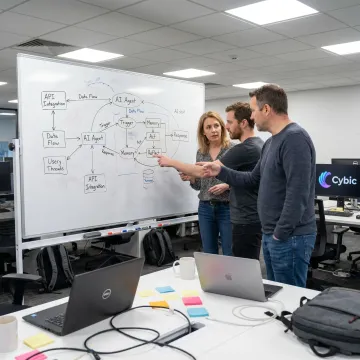 Engineers mapping an AI automation workflow