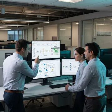 Engineers mapping banking BI workflow