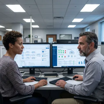 Healthcare data engineering team reviewing secure analytics dashboards