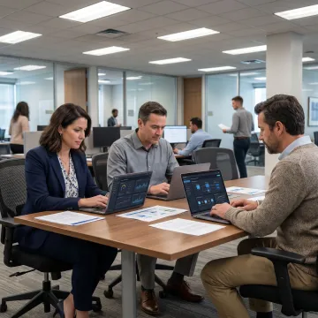 Financial technology team reviewing digital transformation dashboards