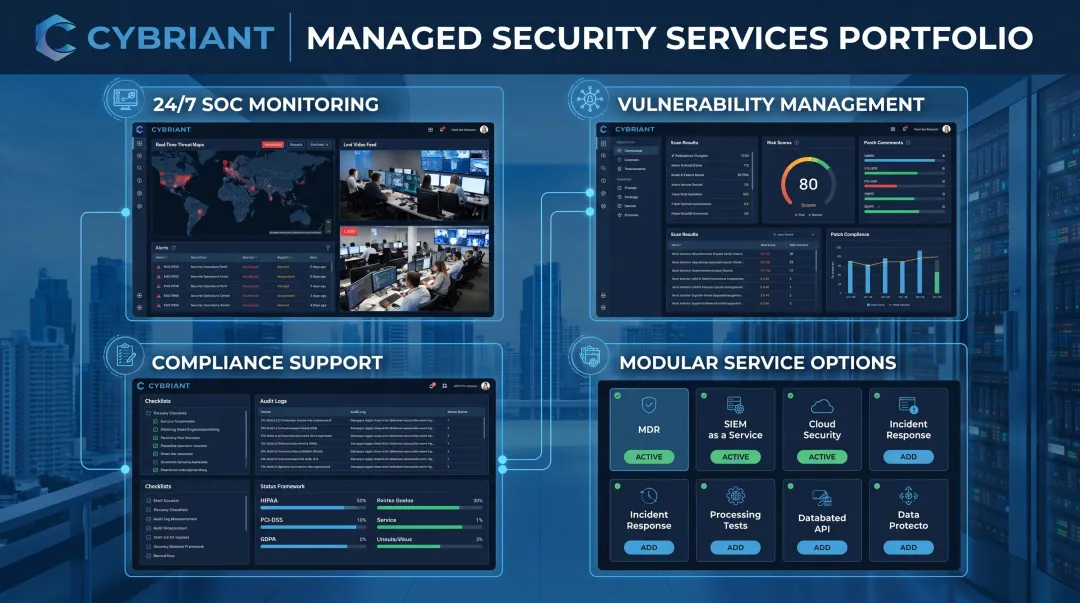 Cybriant managed security service offerings overview showing SOC monitoring capabilities