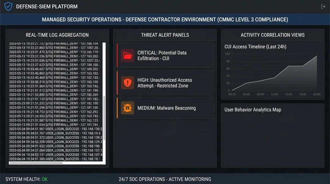 Managed SIEM dashboard displaying real-time CUI environment threat monitoring alerts