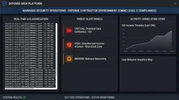 Managed SIEM dashboard displaying real-time CUI environment threat monitoring alerts
