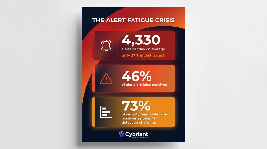 Alert fatigue statistics infographic showing daily alert volume false positive rates and investigation gaps