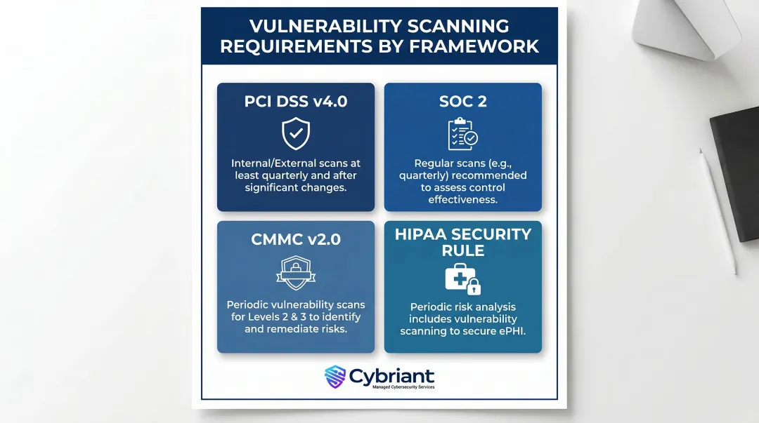 Four major compliance frameworks vulnerability scanning requirements comparison chart