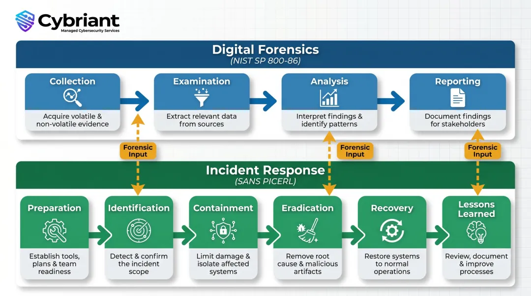 DFIR six-phase incident response lifecycle integrated with forensic evidence collection workflow