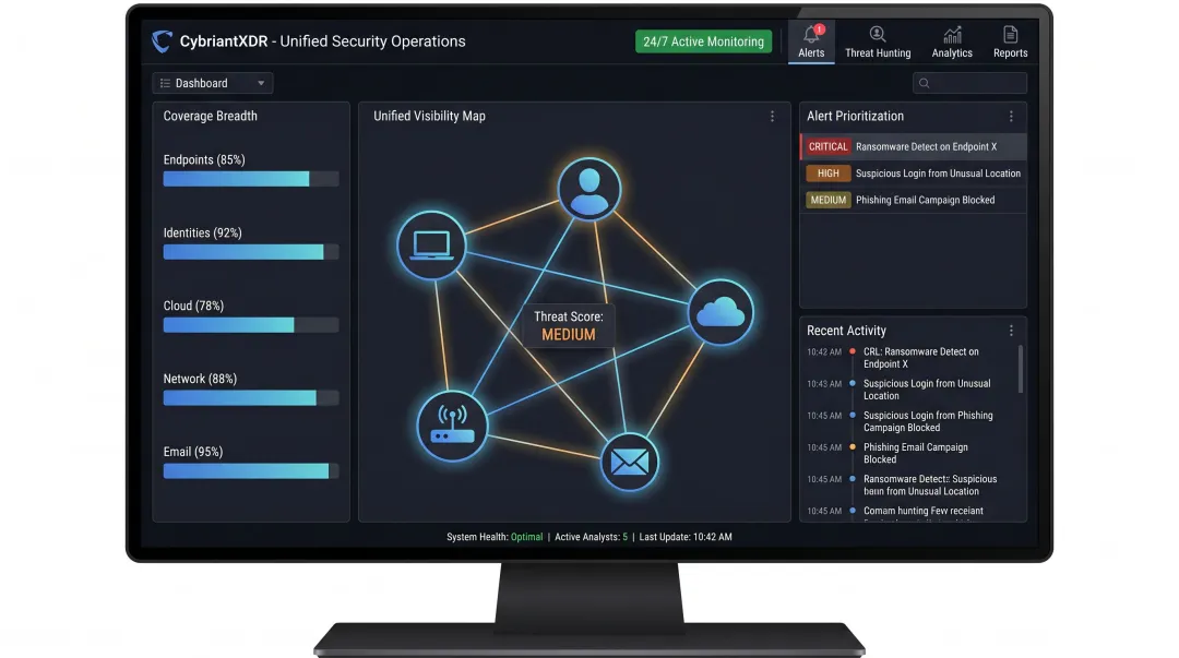 CybriantXDR 24/7 SOC monitoring dashboard displaying unified threat detection coverage