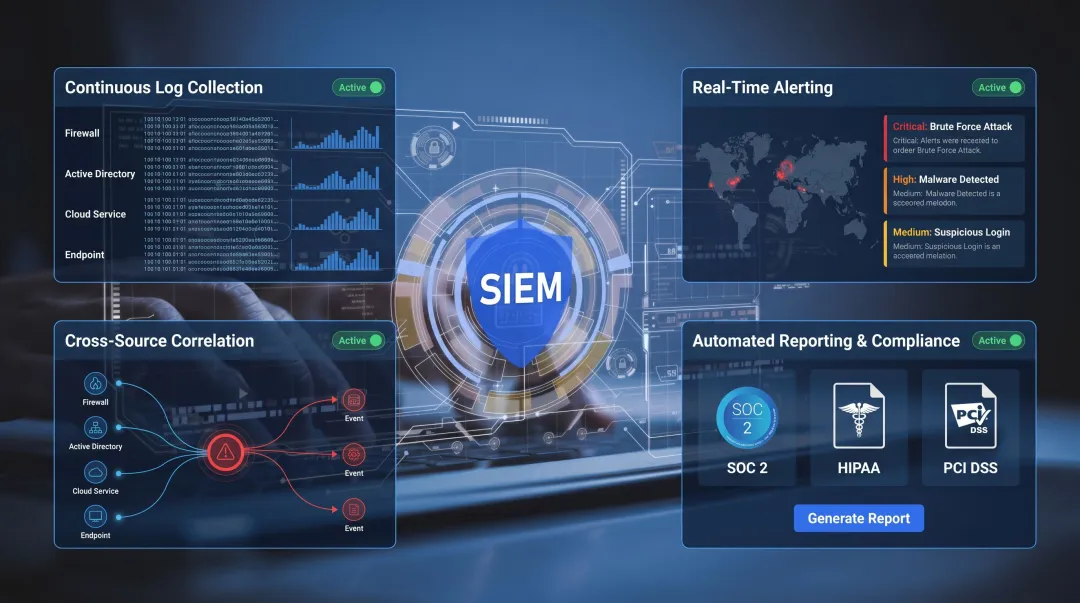 Managed SIEM dashboard displaying real-time log correlation alerts and compliance reporting interface