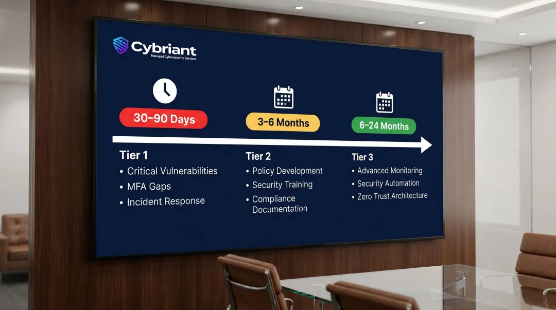 Three-tier vCISO roadmap priority timeline from 30 days to 24 months