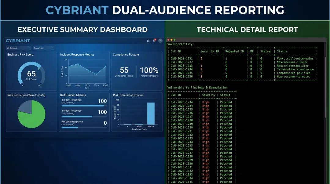Cybriant executive and technical risk assessment reporting dashboard for stakeholder audiences