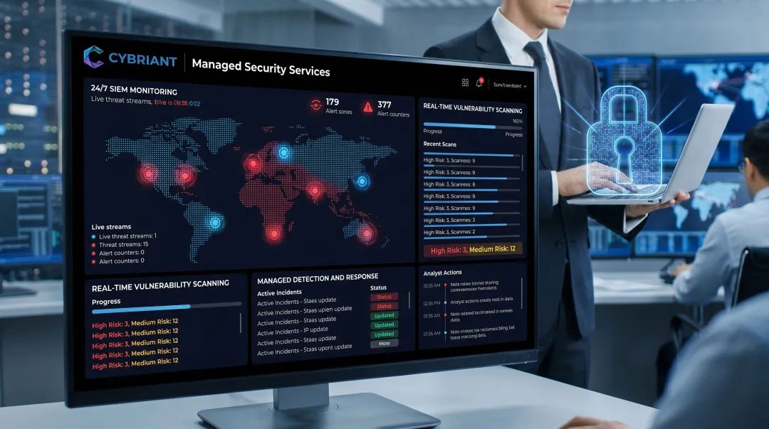 Cybriant managed security services dashboard showing 24/7 SIEM monitoring and threat detection