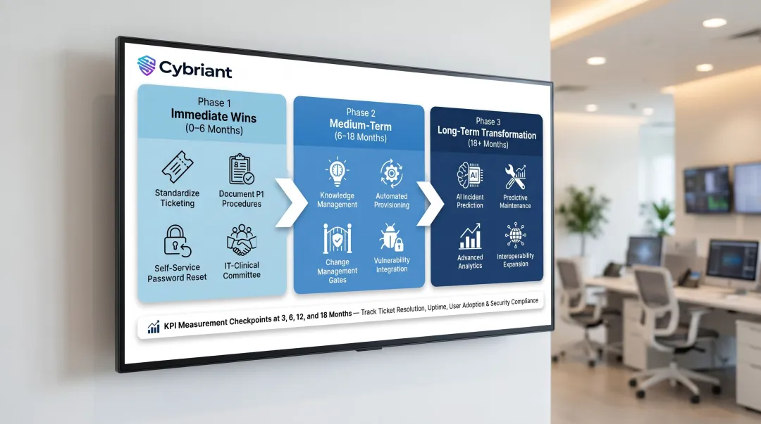 Three-horizon healthcare ITSM roadmap from immediate wins to long-term transformation milestones