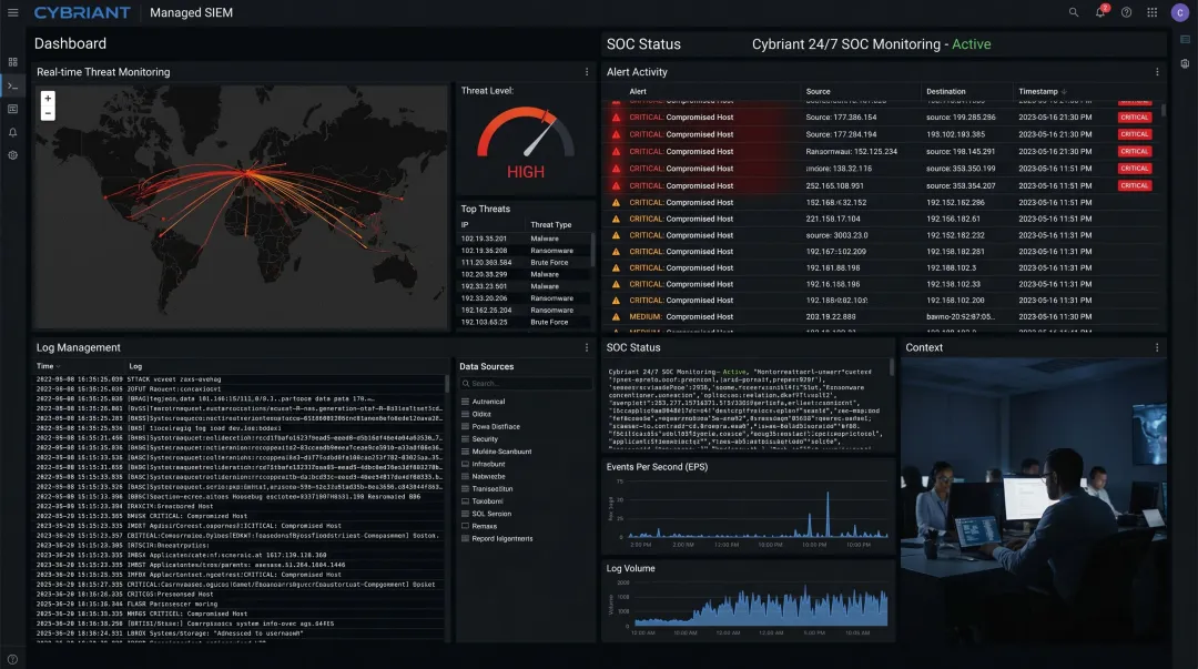 Cybriant Managed SIEM dashboard displaying real-time threat alerts and log monitoring