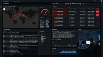 Cybriant Managed SIEM dashboard displaying real-time threat alerts and log monitoring