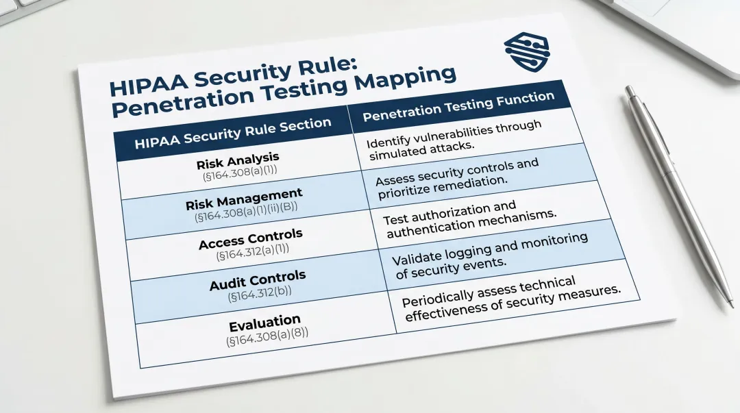 HIPAA Security Rule sections mapped to penetration testing coverage areas table