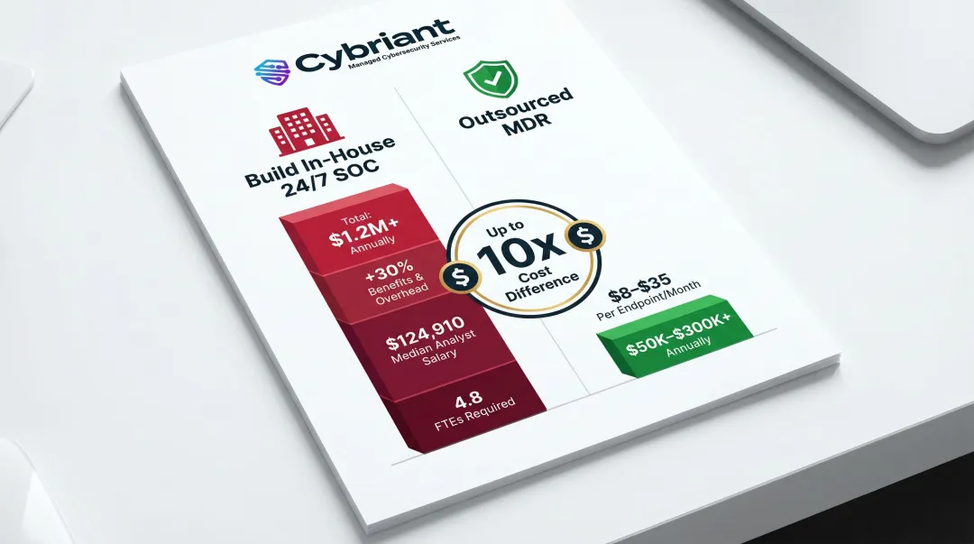In-house SOC versus outsourced MDR annual cost comparison breakdown infographic
