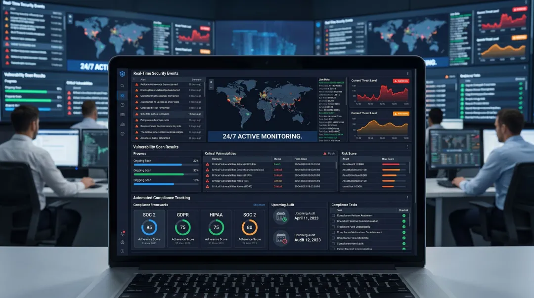 Continuous monitoring dashboard displaying real-time security alerts vulnerability scans and compliance tracking