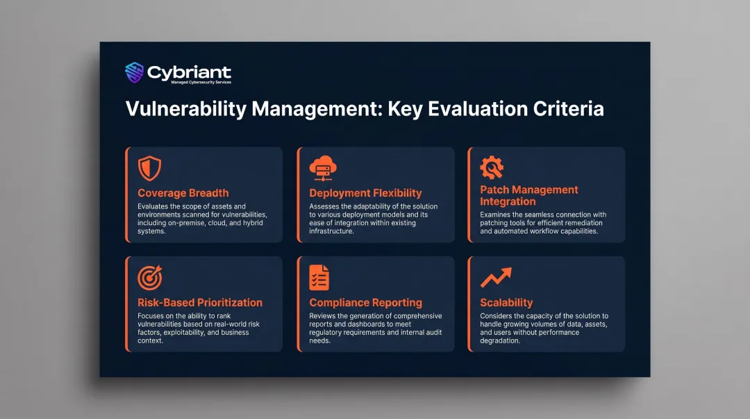 Vulnerability management solution evaluation criteria comparison table with six key factors