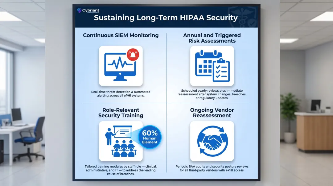 Four long-term HIPAA security strategies comparison showing continuous monitoring training and vendor assessment