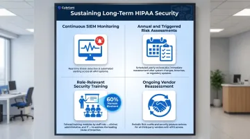 Four long-term HIPAA security strategies comparison showing continuous monitoring training and vendor assessment