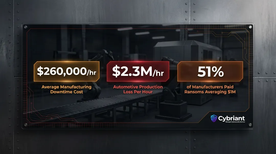 Manufacturing ransomware financial impact statistics showing downtime costs and ransom payments