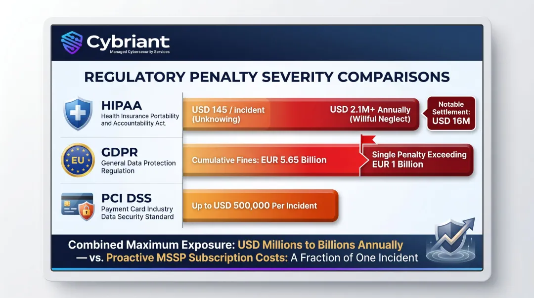 Regulatory compliance penalty comparison HIPAA GDPR and PCI DSS fine ranges